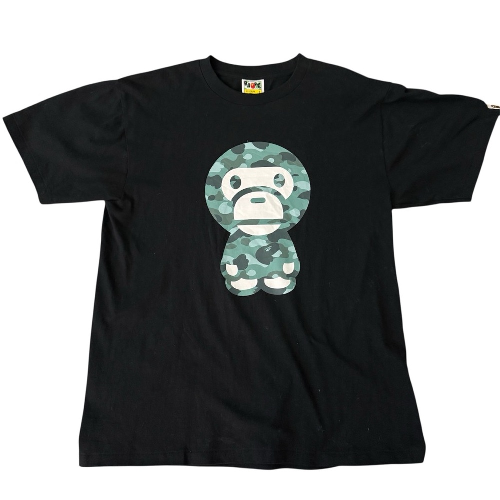 Black Tee with Camouflage Graphic by Bape size Large